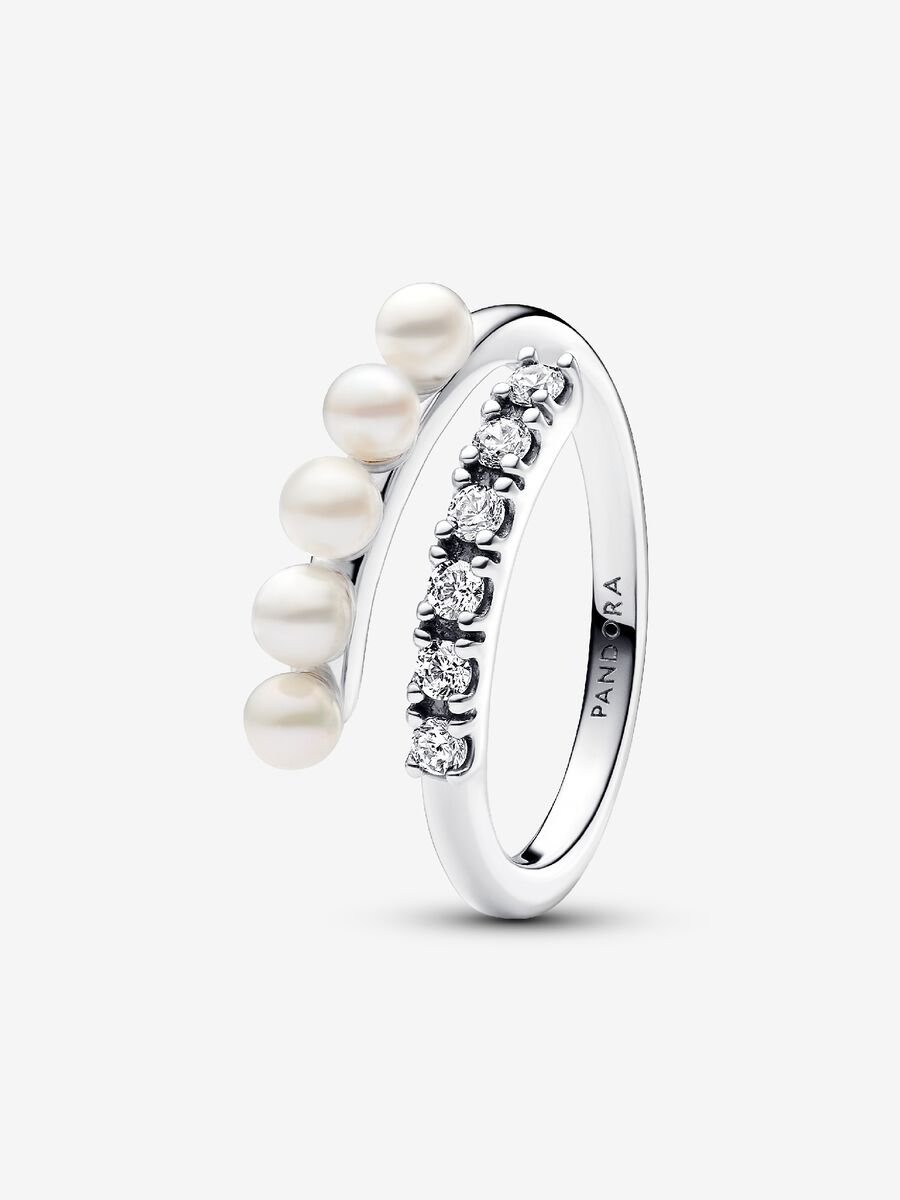 Anillo Abierto Perlas Cultivadas de Agua Dulce Tratadas y Pavé Pandora