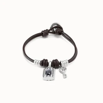 Pulsera UNOde50 Confident Cuero Negro, Llave y Candado Baño Plata
