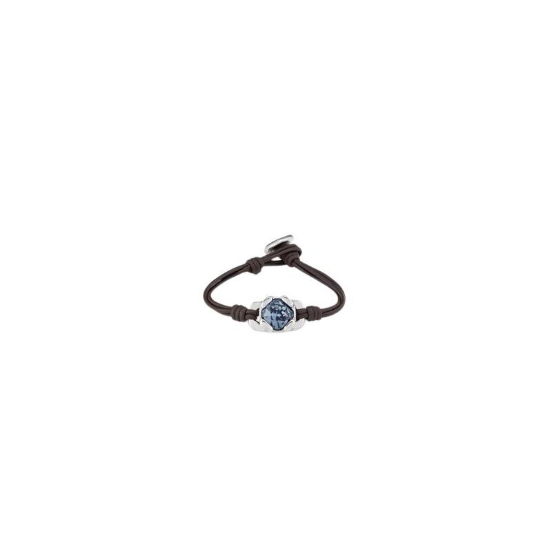Pulsera UNOde50 Eyeful Cuero Negro, Baño Plata y Cristal Azul