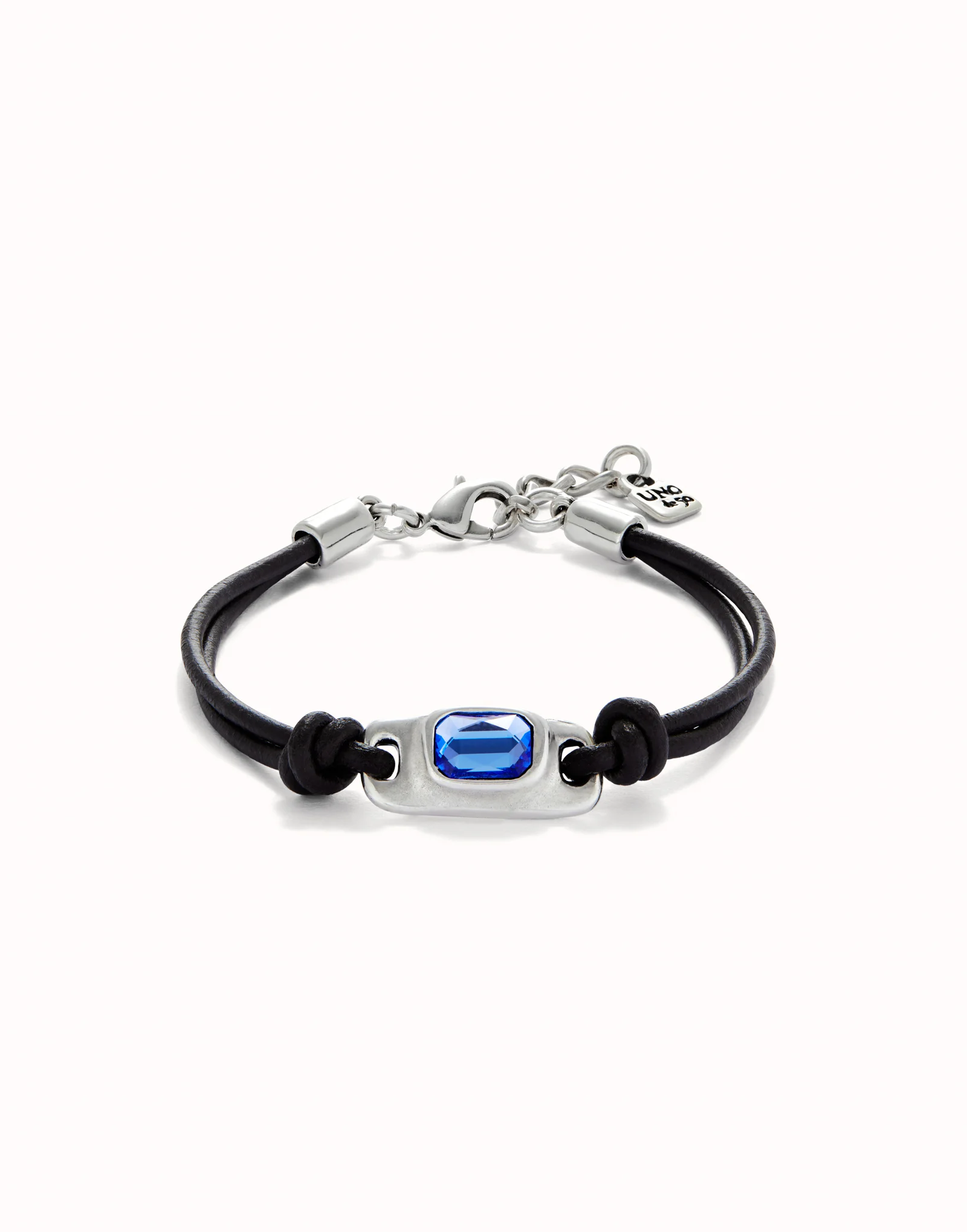 Pulsera de cuero bañada en plata de ley con cristal azul celeste UNOde50