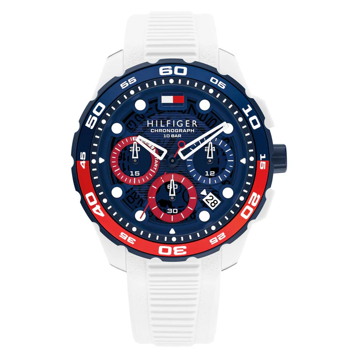 Reloj Tommy Hilfiger con cronógrafo de silicona blanca y esfera azul para hombre