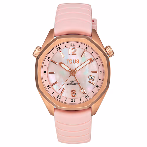 Reloj gmt automático con correa de silicona rosa, caja de acero IPRG rosa y esfera de nácar TOUS Now