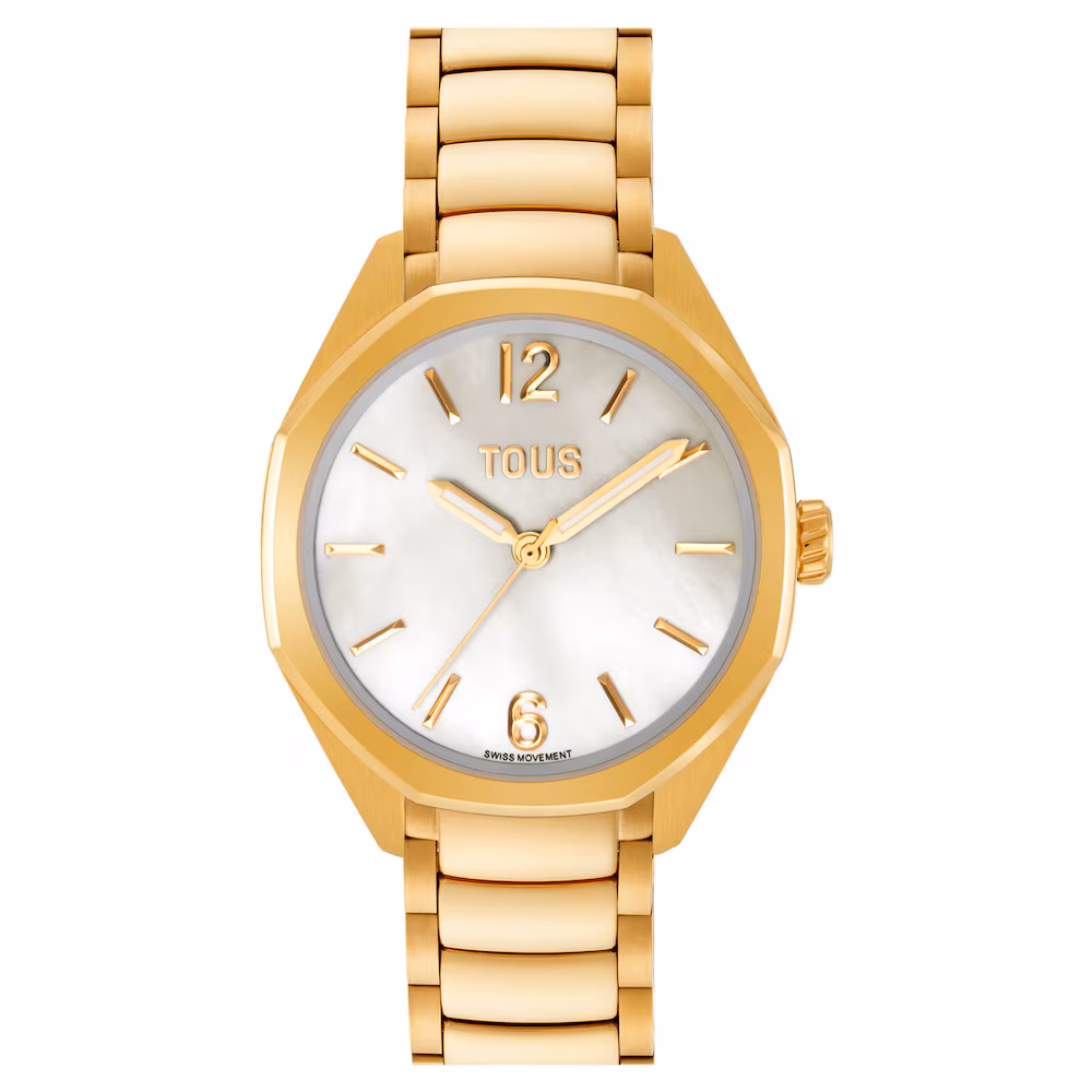 Reloj analógico con movimiento suizo, esfera de nácar y brazalete de eslabones de acero dorado Tous Now