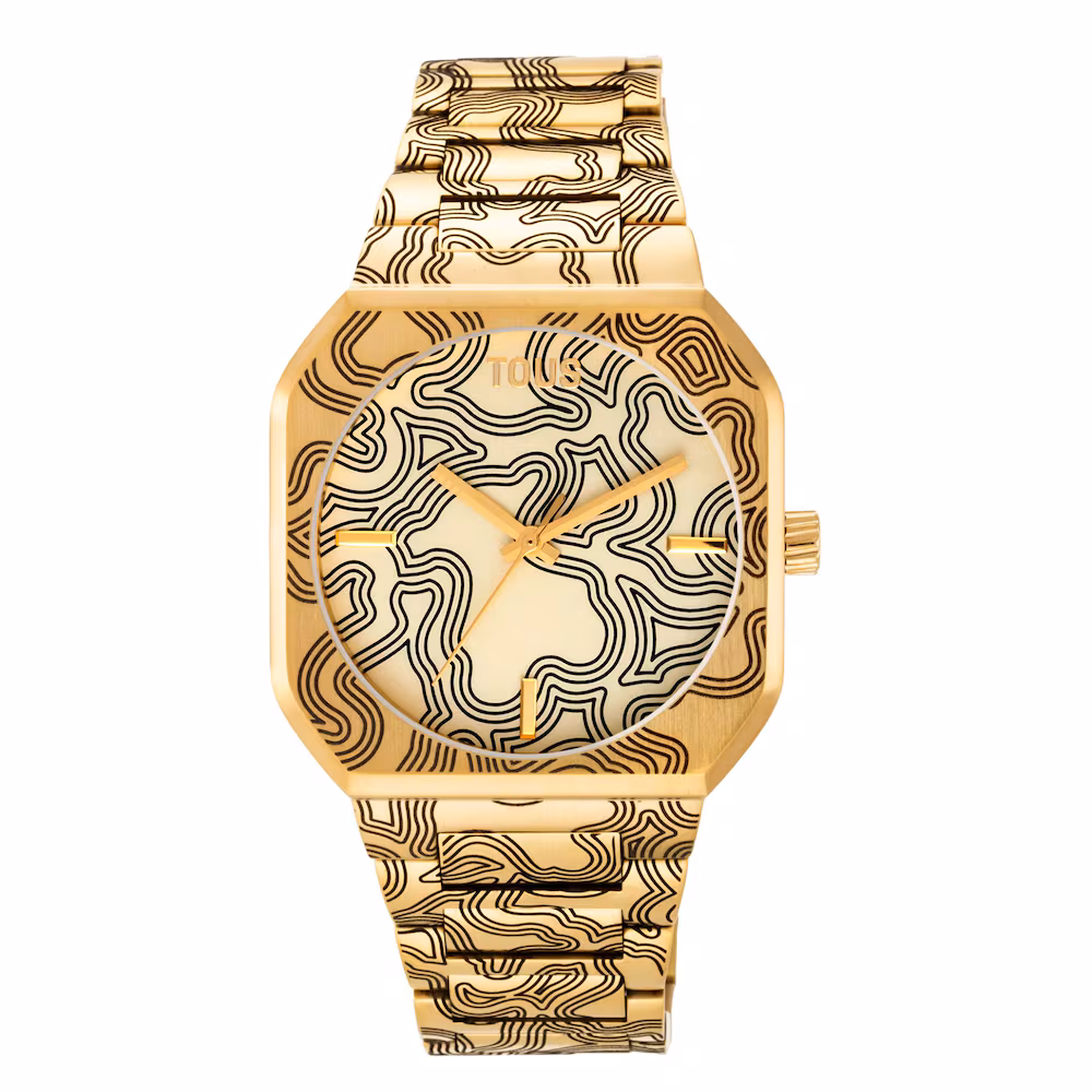 Reloj analógico con brazalete gravado de acero dorado Lit