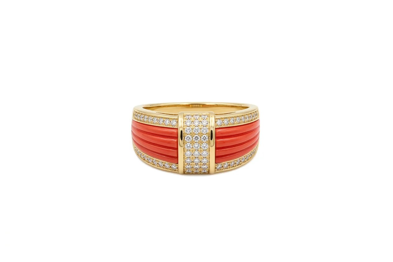 Anillo Coral Acero Chapado en Oro 18K