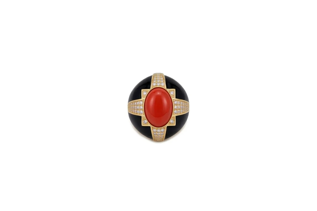Anillo Coral Acero Chapado Oro 18k
