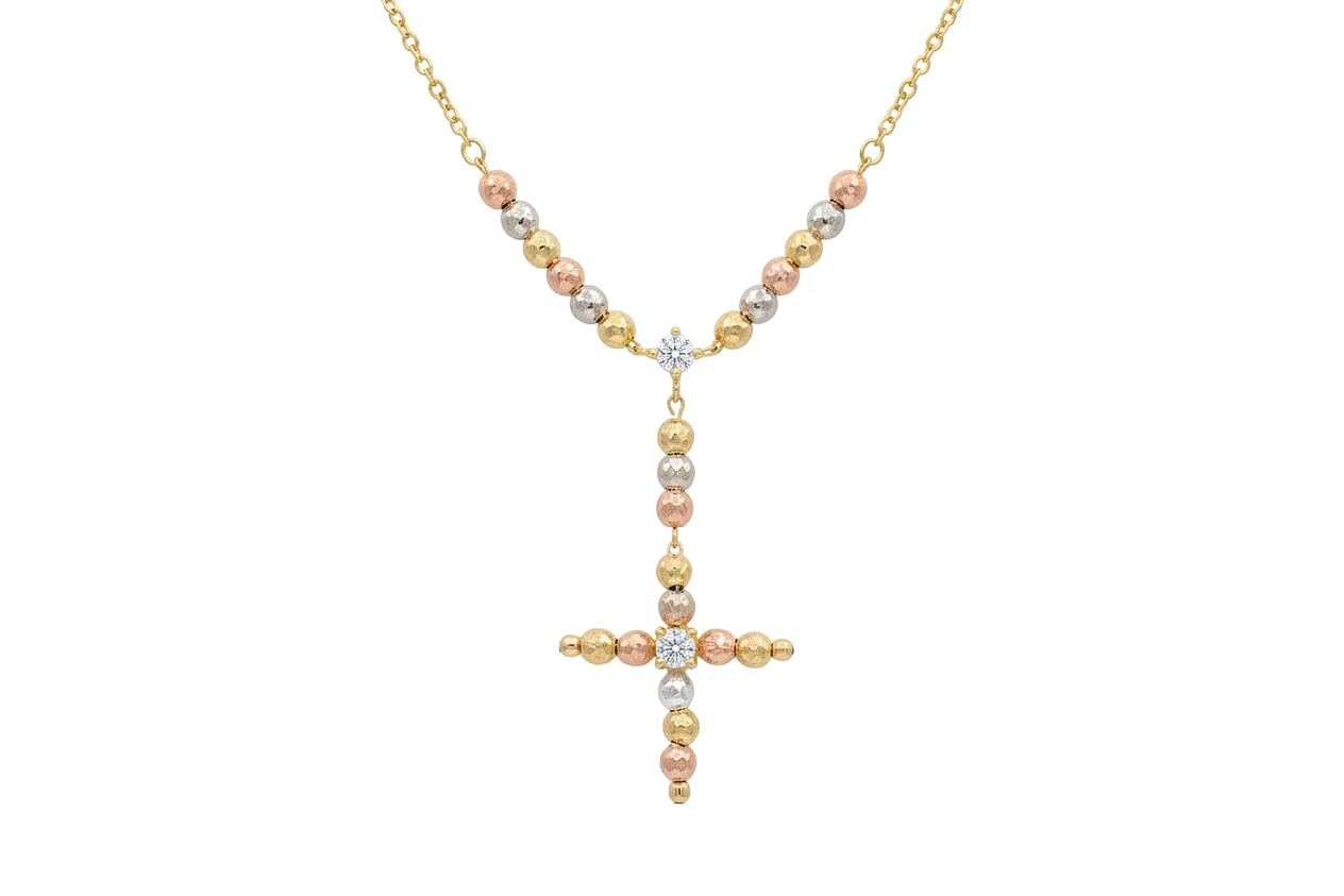 Collar Cruz Tricolor Plata Chapada Oro 18K