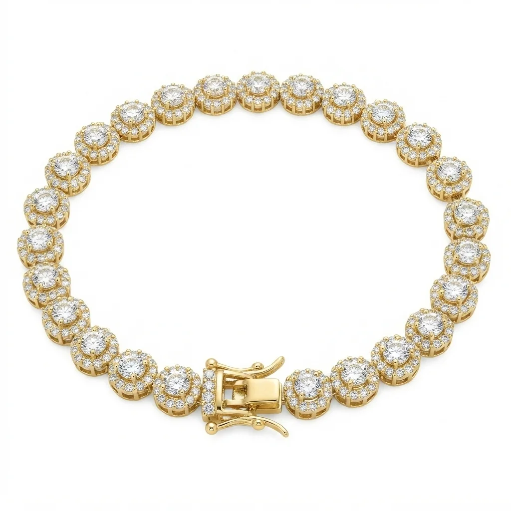 Pulsera tenis de plata chapada en oro con circonitas brillantes.